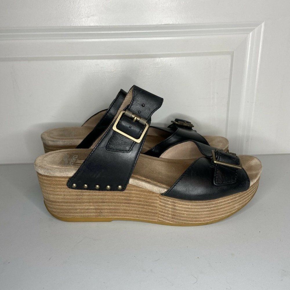Dansko Black Leather Platform Sandals with Wood-Effect Wedge